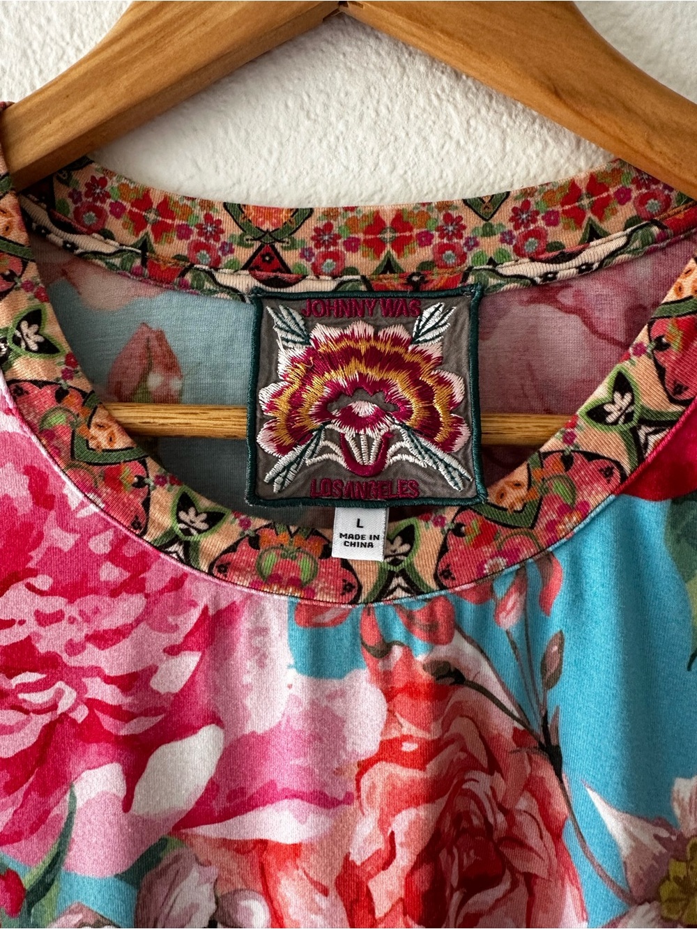 Johnny Was Aqua Floral Short Sleeve Tee with Pink & Red Blooms - Picture 2 of 3